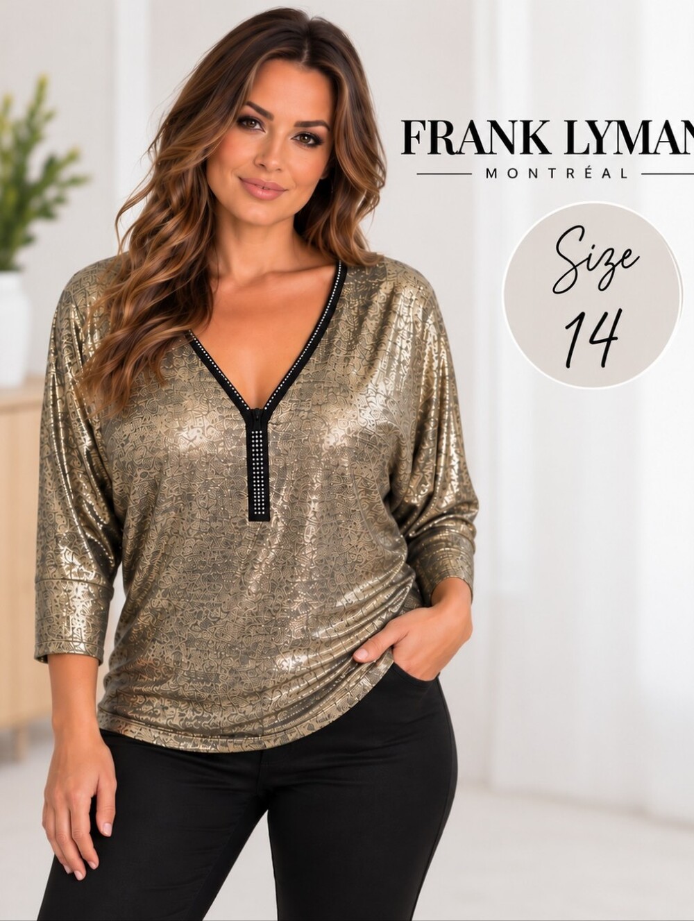 Frank Lyman Gold Metallic Rhinestone V-Neck Top – Size 14 ✨